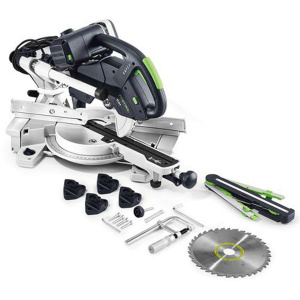 FESTOOL Kapp-Zugsäge KAPEX KS 60 E-Set mit Kreissägeblatt WOOD UNIVERSAL, Schraubzwinge, LED-Schlaglicht, Winkelschmiege, Erhöhung