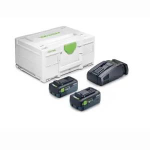 Zwei Festool Akkupacksund ein Schnellladegerät vor einem Systainer Sys3 M 187